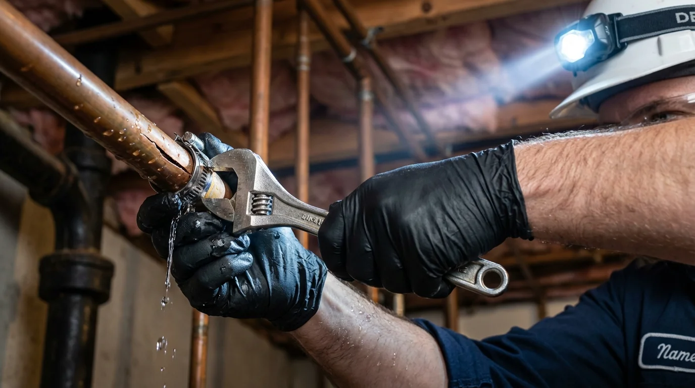 Emergency pipe clamp repair being performed by a Johns Plumbing LLC plumber in Osage Beach