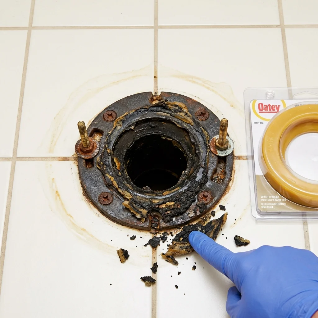 Failed wax ring showing water seepage at the base of a toilet in a Osage Beach, MO home