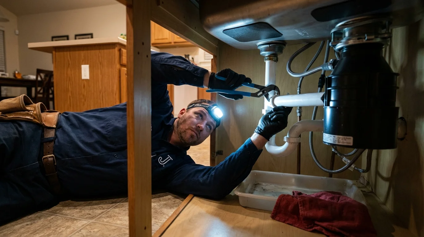 P-trap and supply line connections under a kitchen sink showing a common leak point in Osage Beach, MO