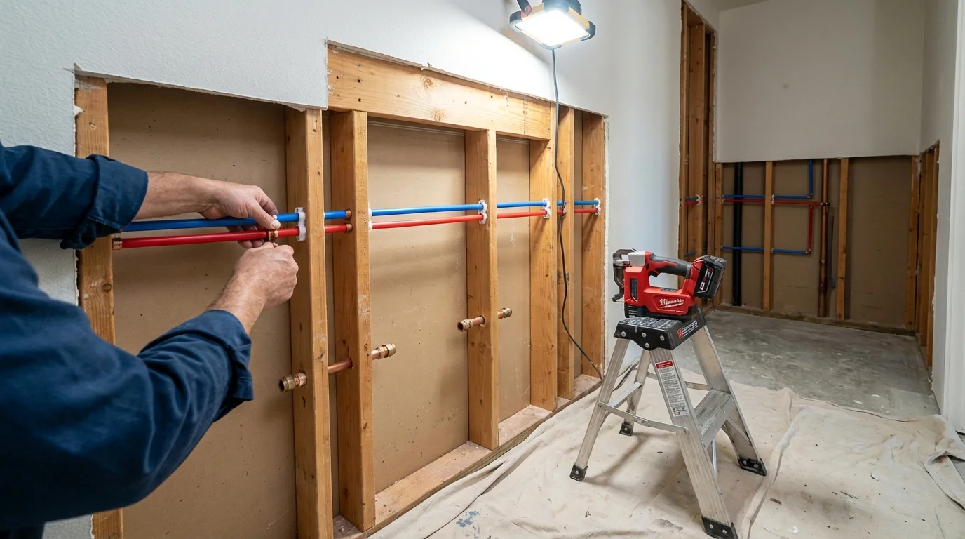 Old galvanized pipes being replaced with modern PEX piping during a whole-house repipe in Osage Beach, MO